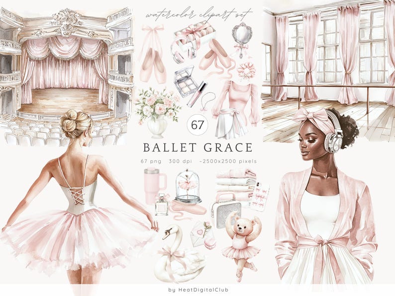 May include: A watercolor clipart set with the text "BALLET GRACE" and 67 images. The set includes a ballerina, a swan, a woman in a robe, a ballet barre, a stage, a makeup palette, a pair of ballet shoes, a cup, a teddy bear, and other ballet-themed items.
