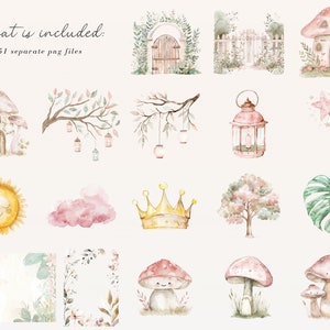 May include: A set of 51 watercolor illustrations featuring whimsical fairy tale elements. The illustrations include a mushroom house, a gate, a fence, a lantern, a magic wand, a sun, a cloud, a crown, a tree, a leaf, and two floral frames.