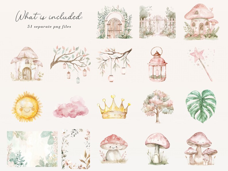 May include: A set of 51 watercolor illustrations featuring whimsical fairy tale elements. The illustrations include a mushroom house, a gate, a fence, a lantern, a magic wand, a sun, a cloud, a crown, a tree, a leaf, and two floral frames.
