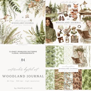 Aquarel Woodland Journal clipart, Cottagecore-illustraties, rustieke illustraties, plannerstickers, bos png, digitale download, commercieel gebruik