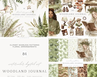 May include: A watercolor digital set of woodland journal illustrations. The set includes 84 files, 14 floral arrangements, 60 clipart images, and 10 seamless patterns. The illustrations feature a variety of woodland elements, including ferns, leaves, branches, mushrooms, and a cabin. The illustrations are perfect for creating journals, planners, cards, and other paper crafts.