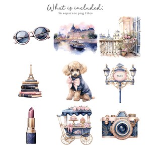 May include: A set of watercolor illustrations featuring Parisian themes. The illustrations include a Parisian street scene, a poodle wearing a blue jacket and a pink bow, a street lamp with a "Metro" sign, a stack of books with the Eiffel Tower on top, a lipstick, a camera, and a cart selling pastries.