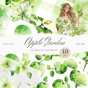 May include: A set of 10 digital seamless patterns featuring watercolor illustrations of apples, leaves, flowers, and a woman in a green dress. The patterns are 12x12 inches and 300 DPI. The text "Apple Garden Seamless Patterns" is included in the image.