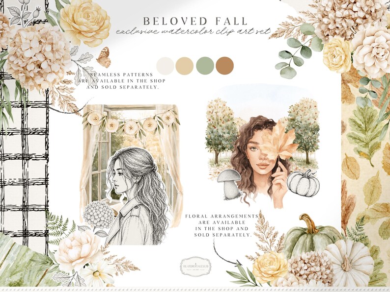 May include: Watercolor clip art set titled "Beloved Fall." The image features illustrations of a woman, pumpkins, flowers, and leaves in a fall theme. The text includes "Seamless patterns are available in the shop and sold separately" and "Floral arrangements are available in the shop and sold separately."