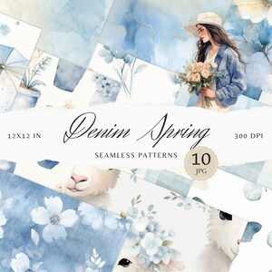 Motivi senza cuciture primaverili in denim ad acquerello, motivo floreale JPEG, download digitale di fiori primaverili, carta per scrapbooking con motivo ripetuto a farfalla