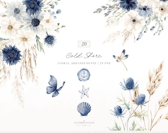 Watercolor Cold Shore Coastal Floral Arrangements Clipart, Navy Sea Flower PNG, Beach Grass Bouquet, Ocean Botanical PNG Set, Digital