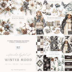 Clipart de clima de inverno em aquarela, pacote de clipart de inverno aconchegante, PNG de inverno rústico, clipart cottagecore, download digital, uso comercial