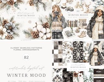 Watercolor Winter Mood ClipArt, Cozy Winter Clip Art Bundle, Rustic Winter PNG, Cottagecore clipart, Digital Download, Commercial Use