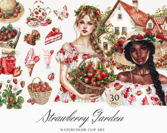 Watercolor Strawberry Garden Clipart Bundle, Berries Clip Art, Summer  graphics, Spring Flowers, seasonal, watercolor girl, digital stickers