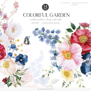 Aquarell Blumen ClipArt, Bunter Garten Clip Art, Blume PNG, Aquarell Blumen, Hochzeit Sublimation, Botanischer digitaler Download