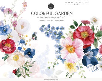 Clipart floral aquarelle, fleurs de jardin, papillons (téléchargement numérique)