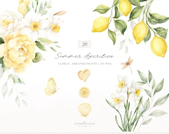 Watercolor Lemon Floral Arrangements Clipart, Italian Citrus Flowers, Narcissus Bouquet, Summer Aperitivo Florals, Yellow Botanical PNG