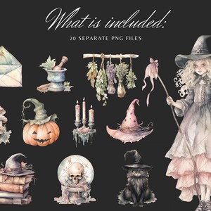 May include: A set of 20 watercolor illustrations featuring a witch, a pumpkin, a skull, a cat, candles, a mortar and pestle, a book, a hat, and other Halloween-themed elements.  The illustrations are in a whimsical style and are perfect for use in digital scrapbooking, card making, and other creative projects.