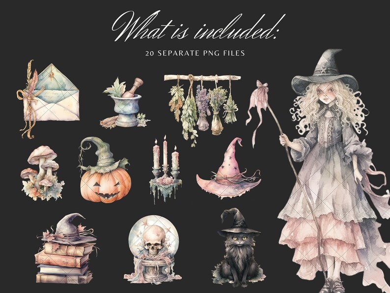 May include: A set of 20 watercolor illustrations featuring a witch, a pumpkin, a skull, a cat, candles, a mortar and pestle, a book, a hat, and other Halloween-themed elements.  The illustrations are in a whimsical style and are perfect for use in digital scrapbooking, card making, and other creative projects.