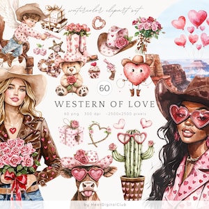 Aquarell Western Valentinstag Clipart, Liebe PNG, romantisch Clip Art, Cowgirl, Cowboy Clipart, digitaler Download Aufkleber, kommerzielle Nutzung