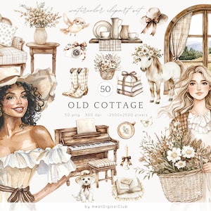 Imágenes prediseñadas de cabaña antigua en acuarela, imágenes prediseñadas de Cottagecore, imágenes prediseñadas rústicas, pegatinas para planificadores, PNG vintage, descarga digital, uso comercial