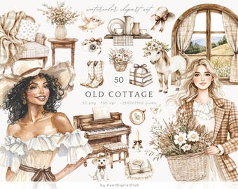 Watercolor Old Cottage Clipart, Cottagecore Clip Art, Rustic ClipArt, Planner Stickers, Vintage PNG, Digital Download, Commercial Use