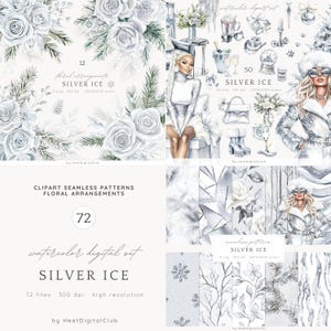 Imágenes prediseñadas de hielo plateado en acuarela, paquete de imágenes prediseñadas de invierno acogedor, PNG de invierno moderno, imágenes prediseñadas de Navidad, descarga digital, uso comercial