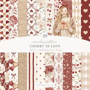 Puede incluir: Una colección digital de 20 patrones sin costuras, "CHERRY IN LOVE", con diseños florales, de corazón y lazos en rojo, crema y dorado. Una mujer con un lazo rojo sostiene un regalo. La imagen mide 3600x3600 píxeles. Incluye el texto "HeatDigitalClub.com".