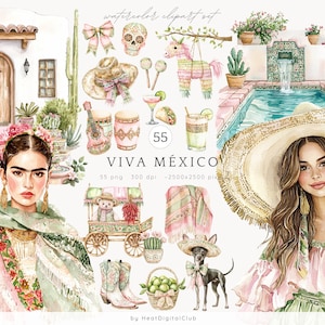 Bundle de cliparts aquarelle Viva Mexico, Cinco de Mayo, clipart Mexique, Pinata, fête mexicaine, cactus, tequila, guitare, Fiesta, sombrero