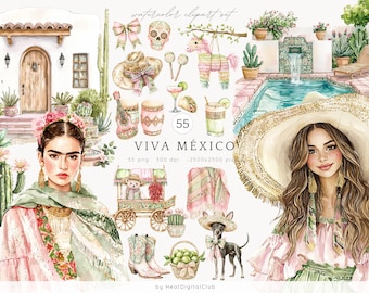 Watercolor Viva Mexico  Clipart Bundle, Cinco de Mayo, Mexico Clip Art, Pinata, Mexican party, Cactus, Tequila, Guitar, Fiesta, Sombrero