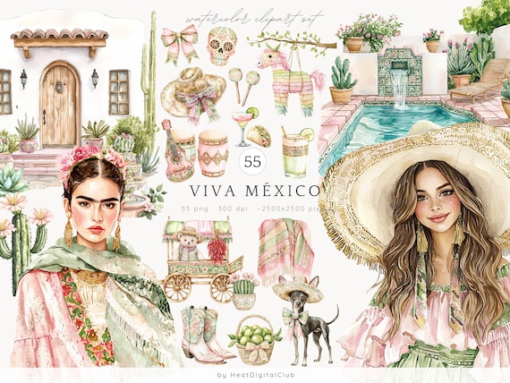 Watercolor Viva Mexico  Clipart Bundle, Cinco de Mayo, Mexico Clip Art, Pinata, Mexican party, Cactus, Tequila, Guitar, Fiesta, Sombrero