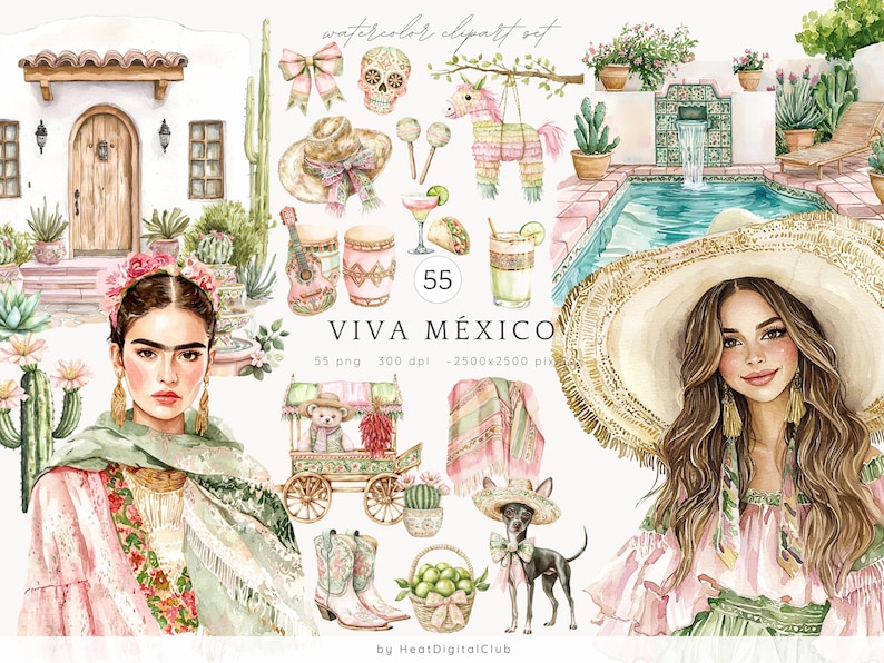 May include: A watercolor clipart set with a Mexican theme. The set includes a woman wearing a traditional Mexican dress, a woman wearing a large straw hat, a small dog, a donkey pi&ntilde;ata, a cactus, a house, a pool, a margarita, a taco, a guitar, a sombrero, a skull, a bowl of limes, a cart with a teddy bear, a pair of cowboy boots, and a blanket. The text "Viva M&eacute;xico" is included in the image.