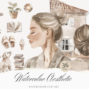 Clipart estetica moderna dell'acquerello, Clip Art neutra dell'amor proprio, Grafica accogliente, bella ragazza, cura di sé e bellezza, adesivi digitali