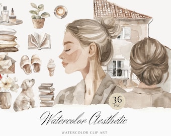 Modern Watercolor Aesthetic Clipart, Self love neutral Clip Art, Cozy graphics, beautiful girl, self care and beauty, digital stickers