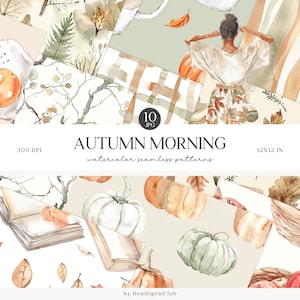 Patrones sin costuras de acuarela de la mañana de otoño, acogedor patrón de otoño neutro JPEG, cuadros, descarga digital, papel de álbum de recortes con patrón repetido
