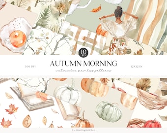 Watercolor Autumn Seamless Patterns, Neutral Fall Plaid (Digital Download)