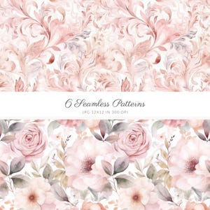 6 Seamless Soft Pink Watercolor Flowers Patterns - JPEG - Digital ...
