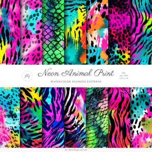 Motivi di stampa animalier al neon ad acquerello senza soluzione di continuità, pelle di serpente di zebra e leopardo, carta digitale con motivo ripetuto, carta per scrapbooking