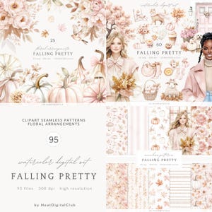 Op de afbeelding: Een digitale kunstset genaamd "FALLING PRETTY" met aquarel illustraties. Het bevat bloemstukken, naadloze patronen en herfstthema-elementen zoals pompoenen en bladeren. Het kleurenpalet is zacht, met tinten roze, beige en bruin.