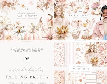 Watercolor Fall Clipart Set, Falling Pretty, Autumn PNG, Pink Pumpkins, Cozy Fall Girl, Soft Autumn Aesthetic, Coquette Digital Stickers