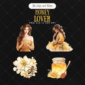 May include: A digital illustration set of 36 clip art files featuring honey themed images. The set includes a woman holding a jar of honey, a woman in a yellow dress, a jar of honey with a honey dipper, and a white flower with a bee.