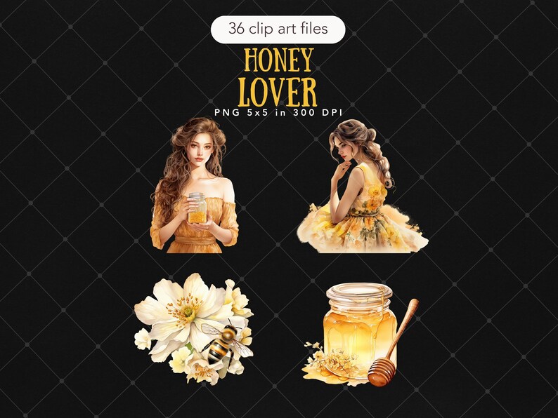 May include: A digital illustration set of 36 clip art files featuring honey themed images. The set includes a woman holding a jar of honey, a woman in a yellow dress, a jar of honey with a honey dipper, and a white flower with a bee.
