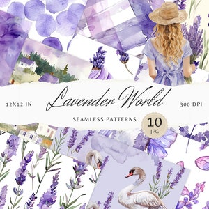 Könnte beinhalten: Ein Set mit 10 digitalen nahtlosen Mustern mit Lavendelblüten, Schmetterlingen, Schwänen und Aquarelltexturen. Die Muster sind 12x12 Zoll groß und haben 300 DPI. Der Text "Lavender World" ist auf dem Bild zu sehen.