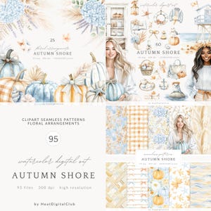 Aquarelle automne rive Clipart, ensemble PNG automne côtier, éléments automne océan, automne plage PNG, automne pastel, Cottagecore, téléchargement numérique