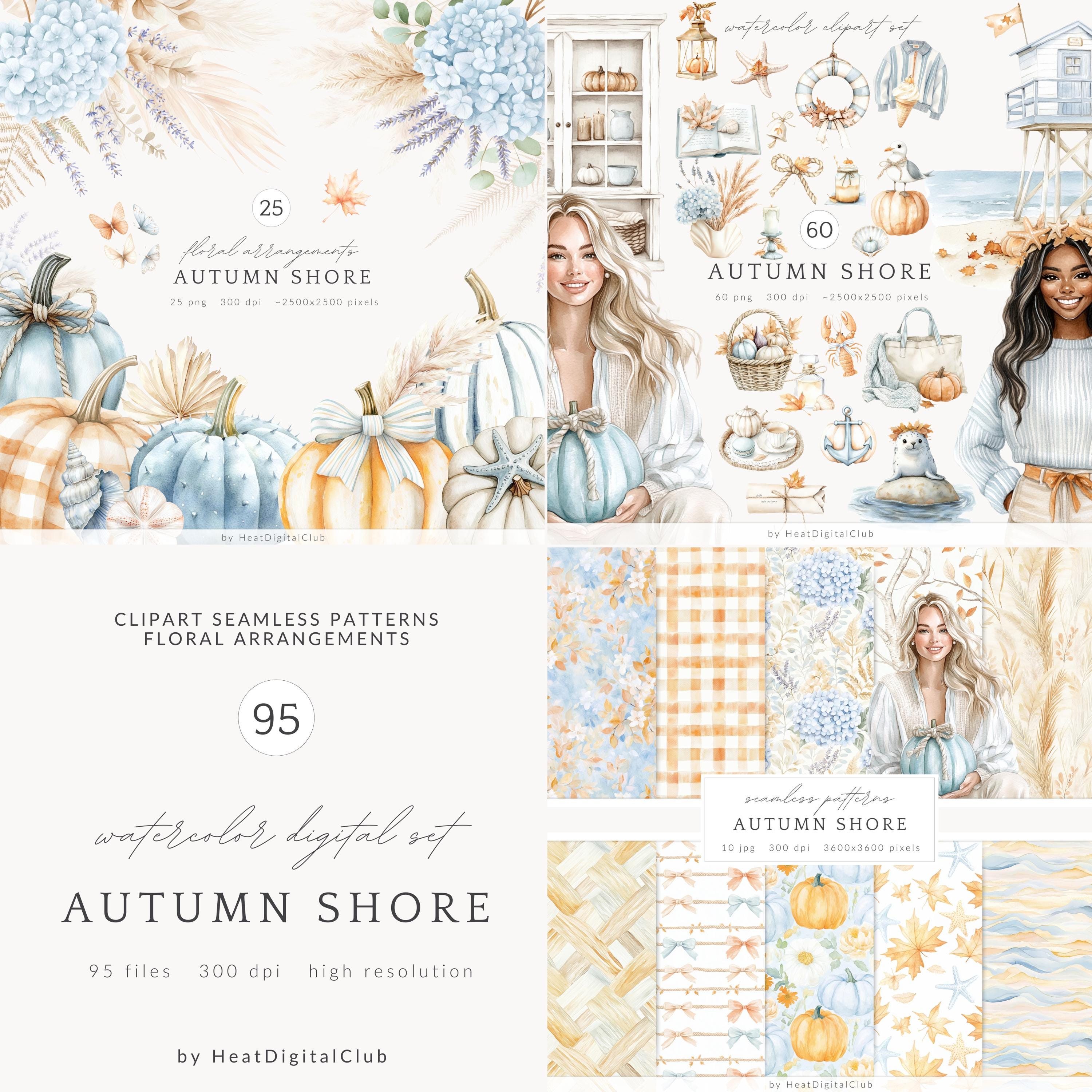 Watercolor Autumn Shore Clipart, Coastal Fall PNG Set, Ocean Fall Elements, Autumn Beach PNG, Pastel Autumn, Cottagecore, Digital Download