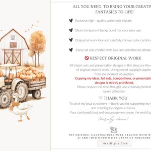 May include: Watercolor illustration of a white tractor hauling a trailer filled with pumpkins in front of a white barn. A goose with a scarf is in the foreground. The image has text that says "ALL YOU NEED TO BRING YOUR CREATIVE FANTASIES TO LIFE!"