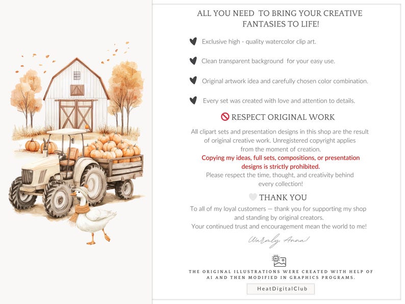 May include: Watercolor illustration of a white tractor hauling a trailer filled with pumpkins in front of a white barn. A goose with a scarf is in the foreground. The image has text that says "ALL YOU NEED TO BRING YOUR CREATIVE FANTASIES TO LIFE!"