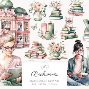 Pacchetto di clipart acquerello rosa verde Bookworm, scaffale, estetica per amanti dei libri, png di lettura, pacchetto di clipart, biblioteca, interni fantasy