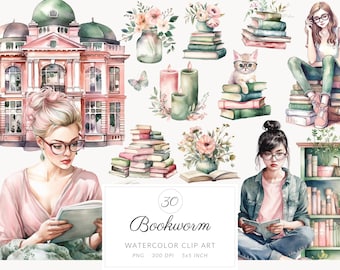 Watercolor Bookworm Clipart Bundle, Reading PNG (Digital Download)