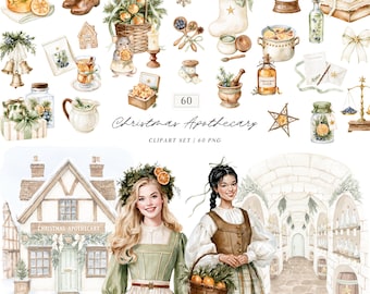 Watercolor Christmas Clipart Bundle, Apothecary Botanical Holiday PNG Collection (Digital Download)