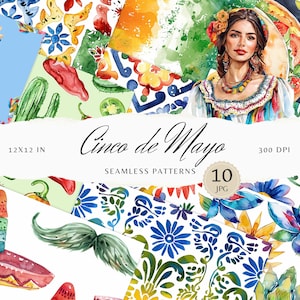 Aquarel Cinco de Mayo naadloze patronen, Mexicaans patroon jpeg, taco's, bloemen digitale download, herhalend patroon, plakboekpapier