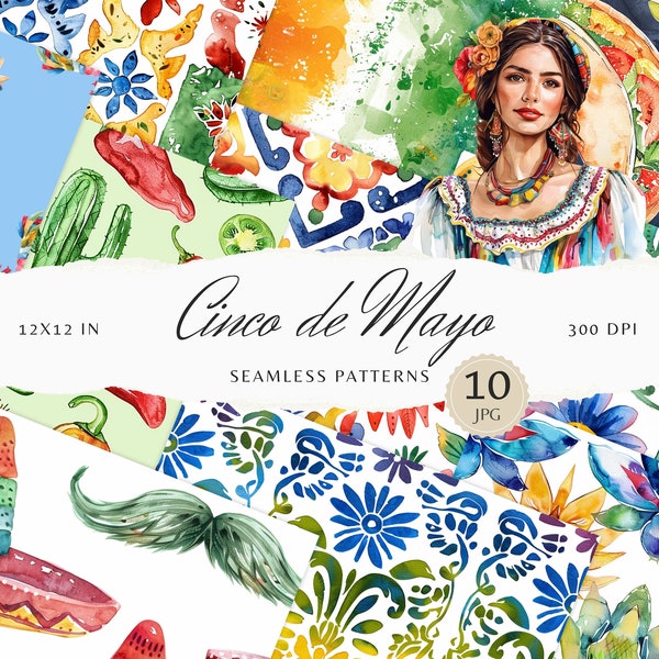 Watercolor Cinco de Mayo Seamless Patterns, Mexican Pattern JPEG, Tacos, Floral Digital Download, Repeating pattern, Scrapbook Paper