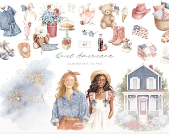 Watercolor Quiet Americana Clipart, 4th of July Clipart, Vintage Summer Clipart, Independence Day PNG, Patriotic PNG, Digital Download