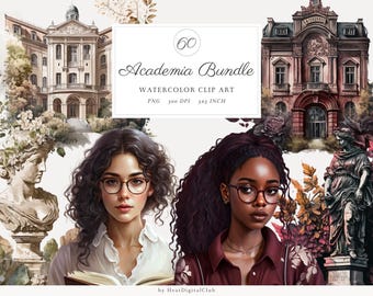 Watercolor Light and Dark Academia Bundle, Romantic Cottagecore PNG Bundle, Commercial Use, Bookshops, Bookcases, For Card Making, Stickers
