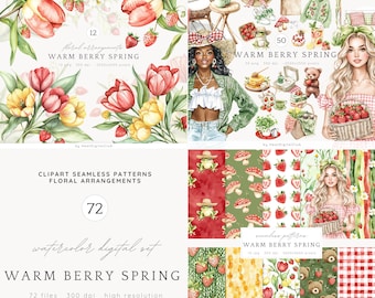 May include: A watercolor digital set of illustrations featuring floral arrangements, seamless patterns, and characters. The set includes 72 files, each at 300 dpi, and is titled "Warm Berry Spring".